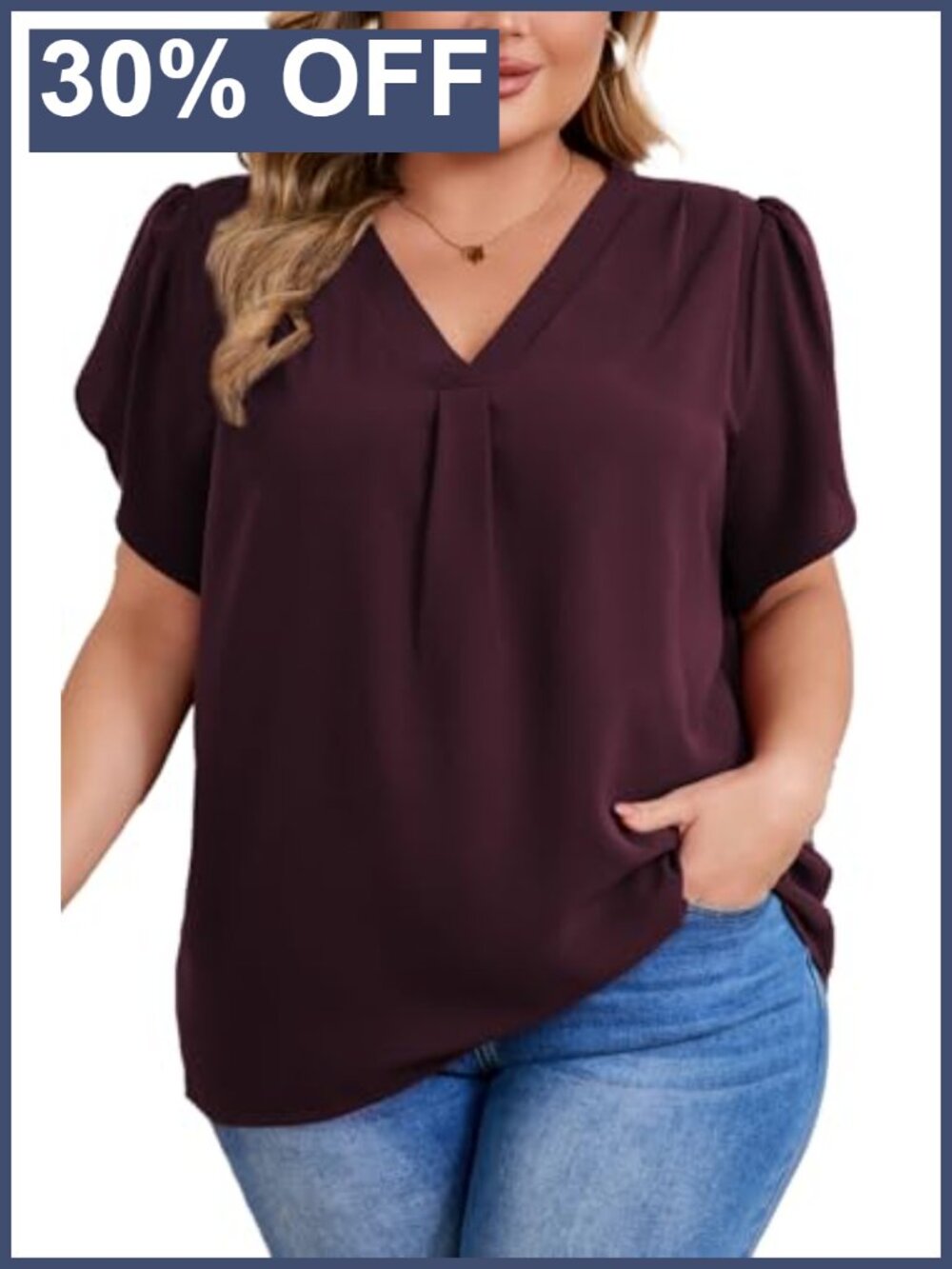 Plus Size V Neck Petal Sleeve Work Blouse Loose Fit Chiffon
